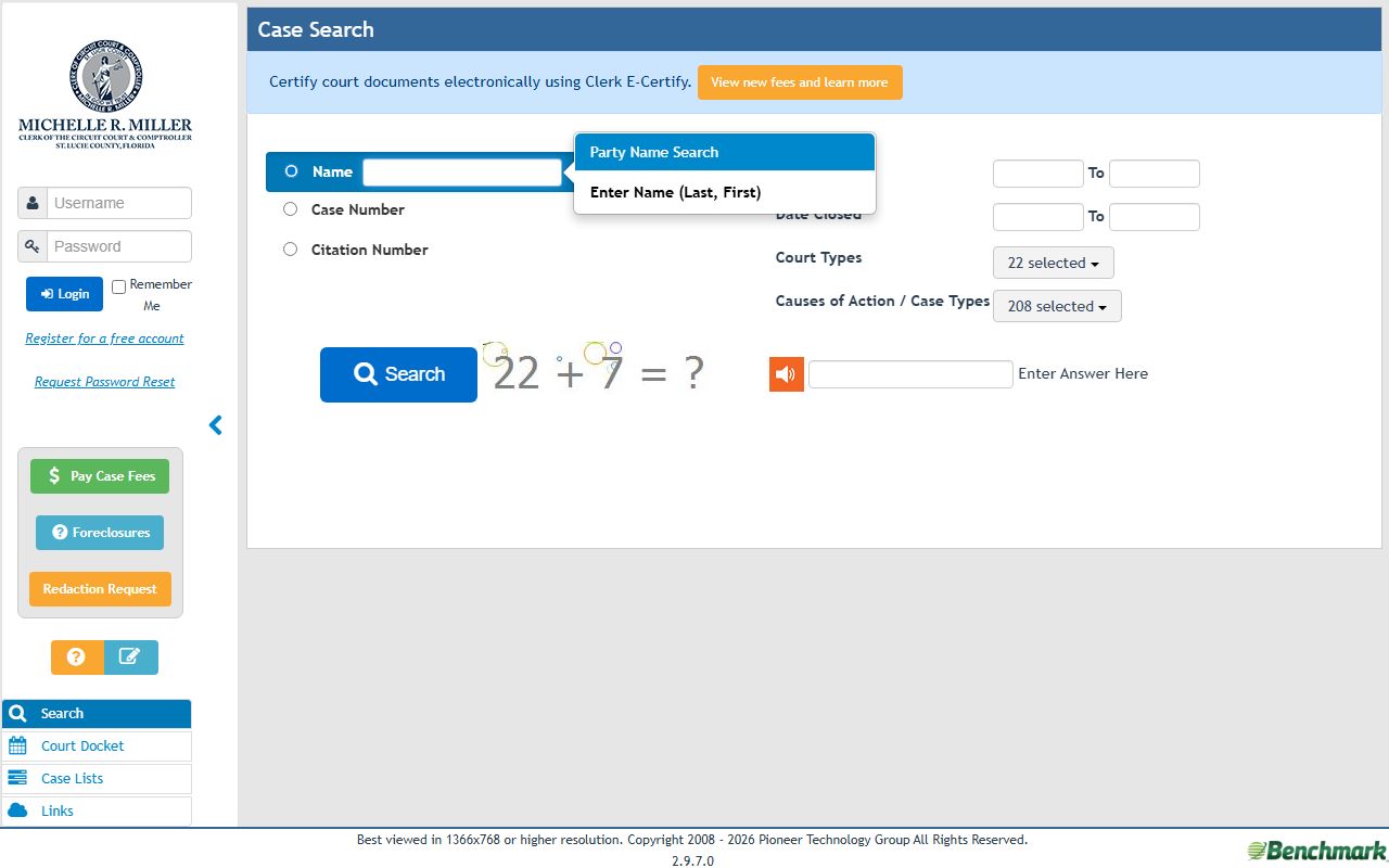 St. Lucie County Benchmark court case search for court records after an arrest