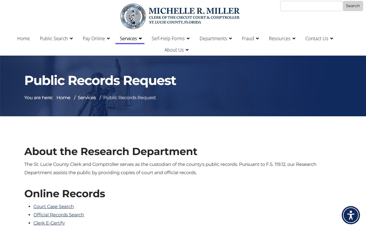 St. Lucie County Clerk public records request form for court records after an arrest