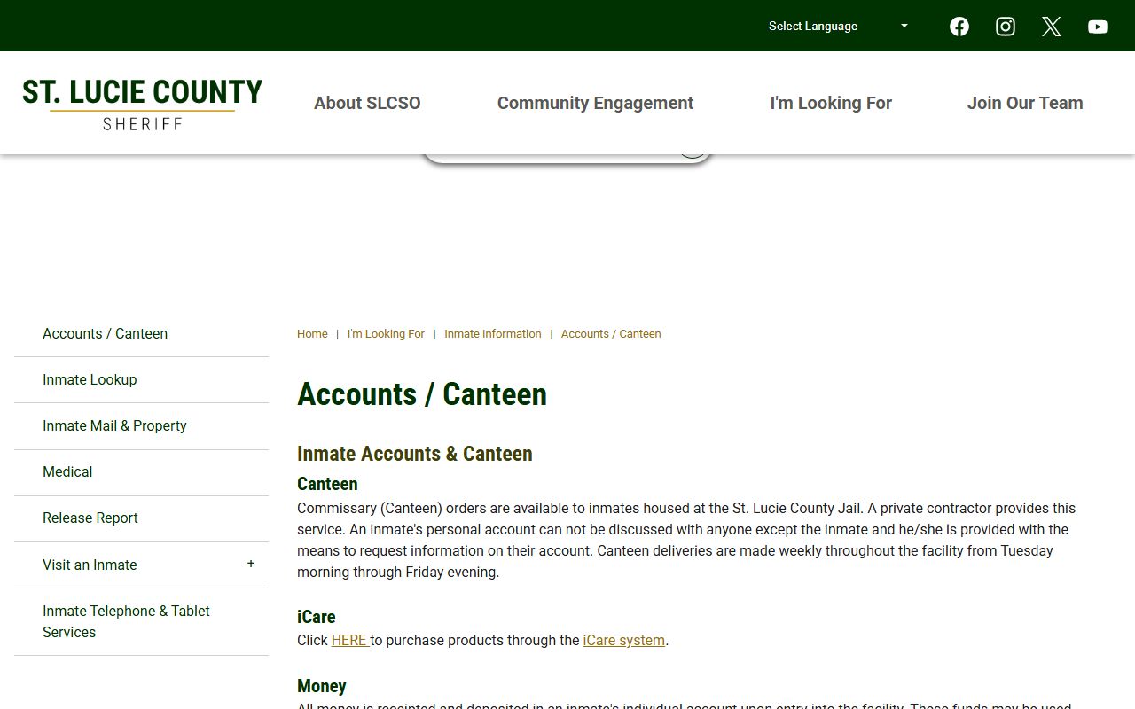 St. Lucie County Jail accounts and canteen page for inmate money deposits