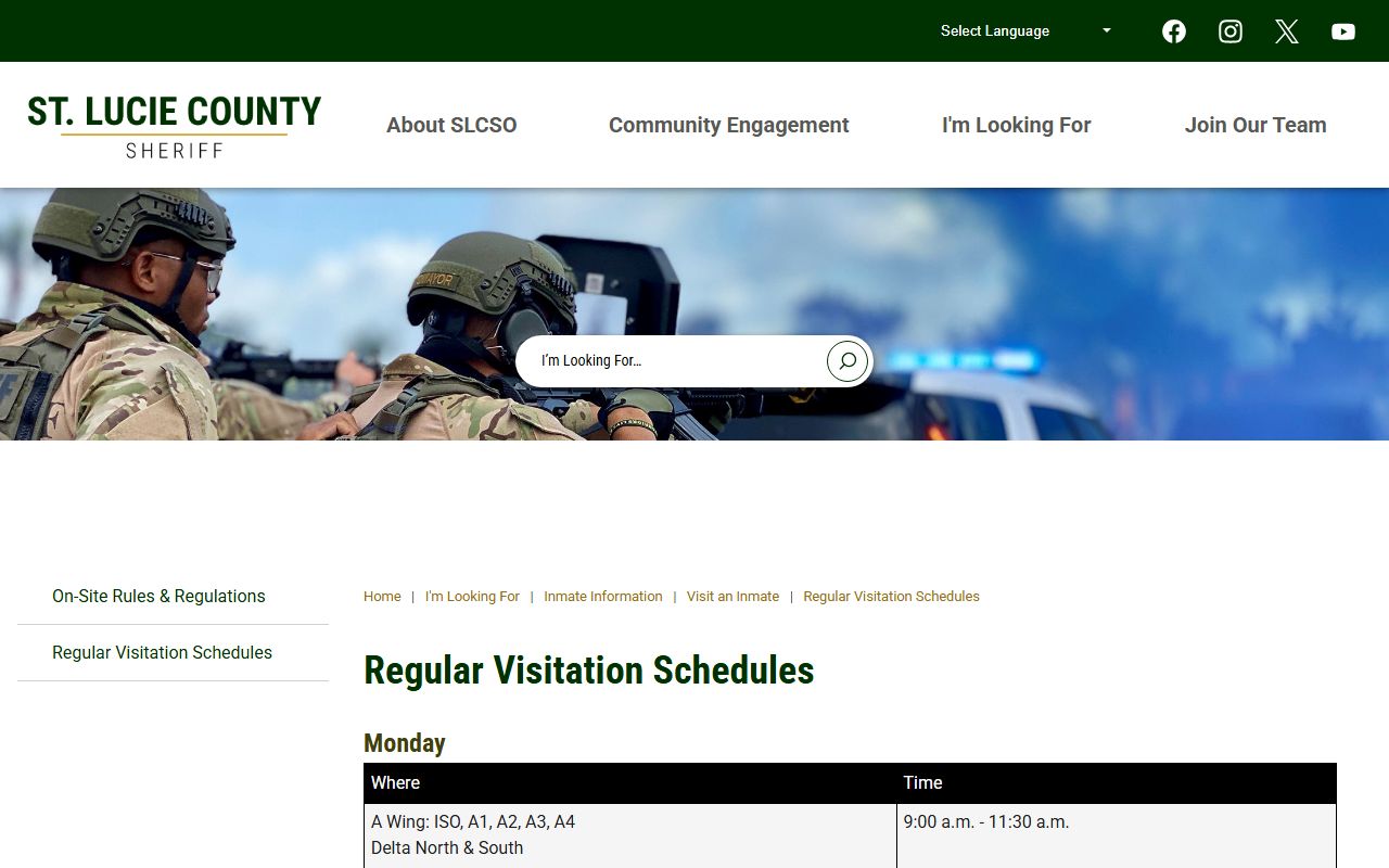 St. Lucie County jail visitation schedule by housing area for inmate records