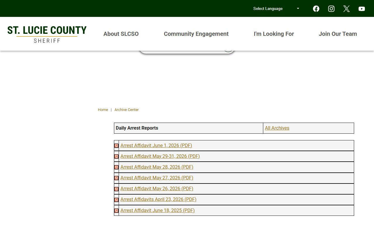 St. Lucie County Sheriff daily arrest reports archive, distinct from jail mugshots