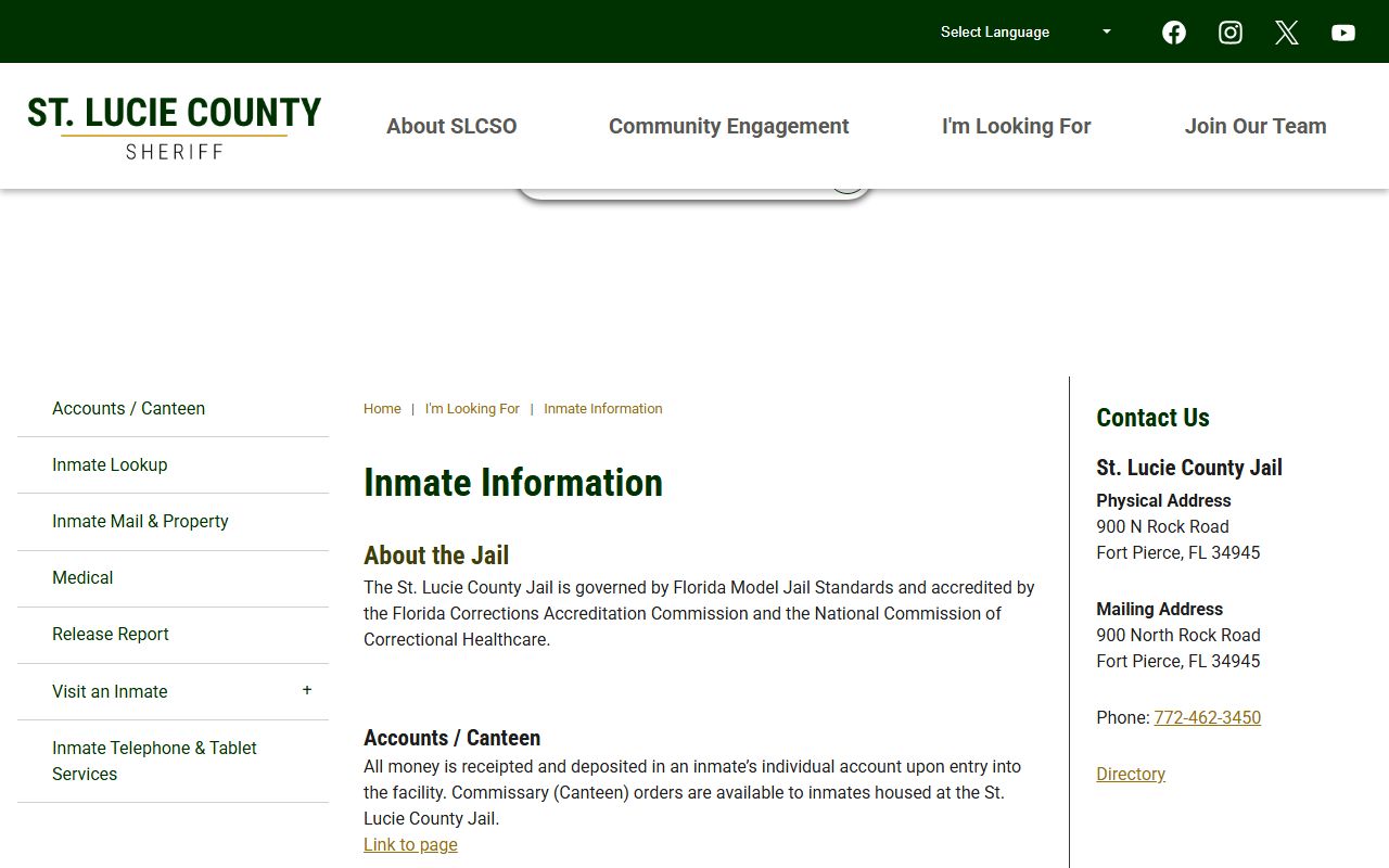 St. Lucie County Sheriff inmate information page for jail inmate records
