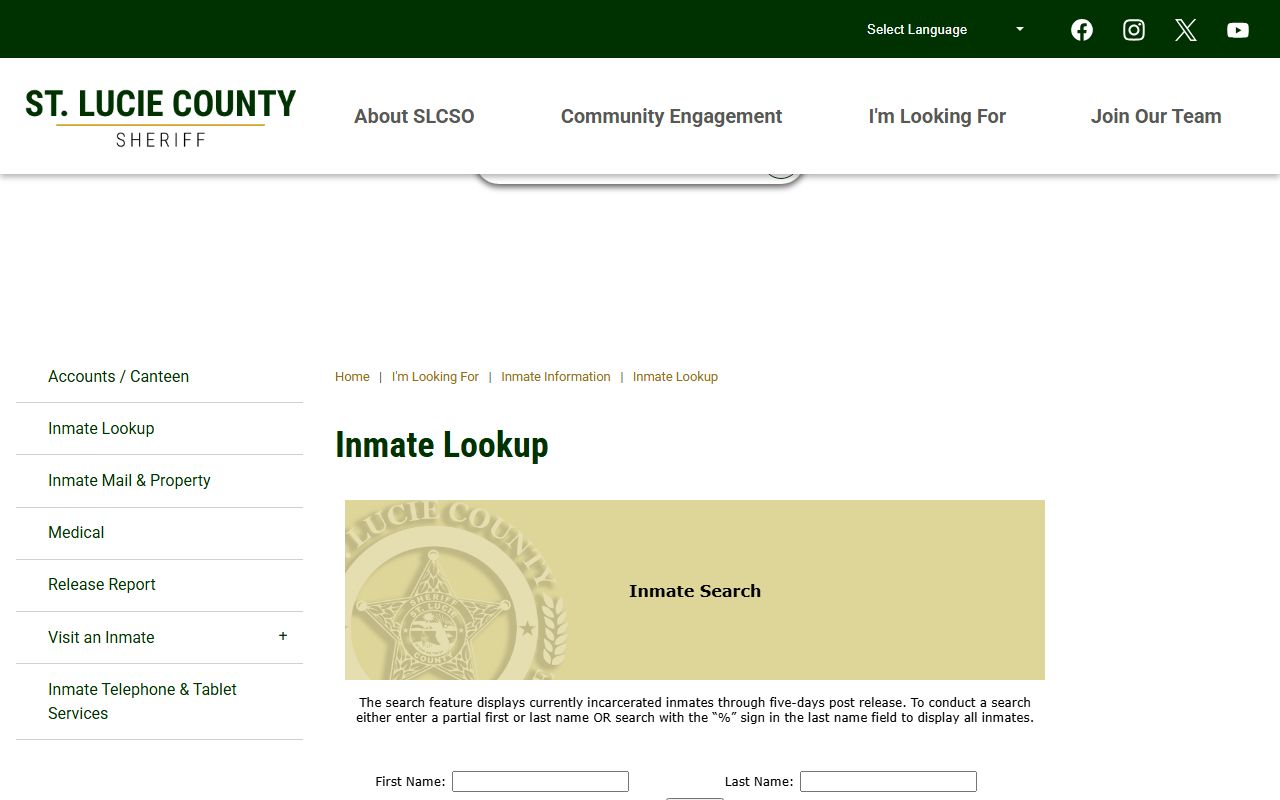 St. Lucie County Jail inmate lookup page on the Sheriff's website