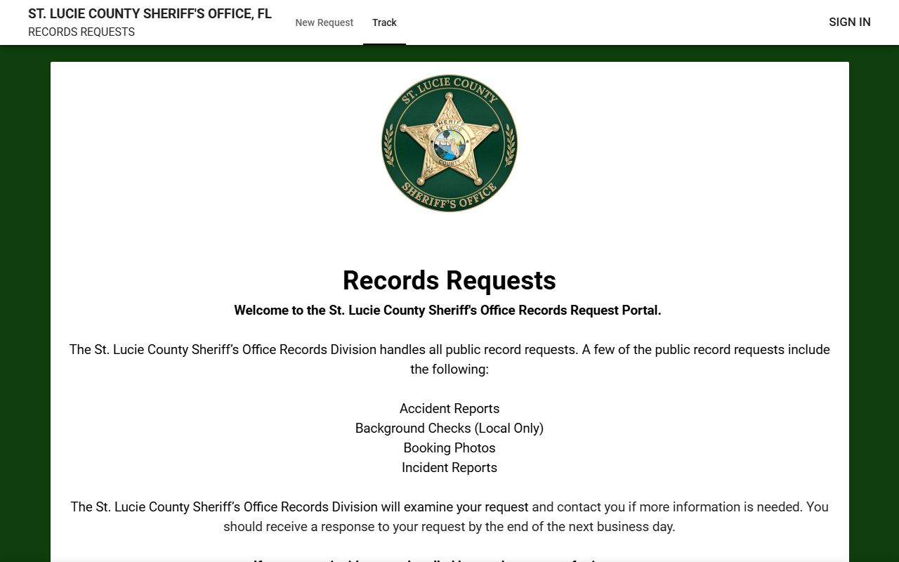 St. Lucie County Sheriff JustFOIA portal for requesting jail booking photos