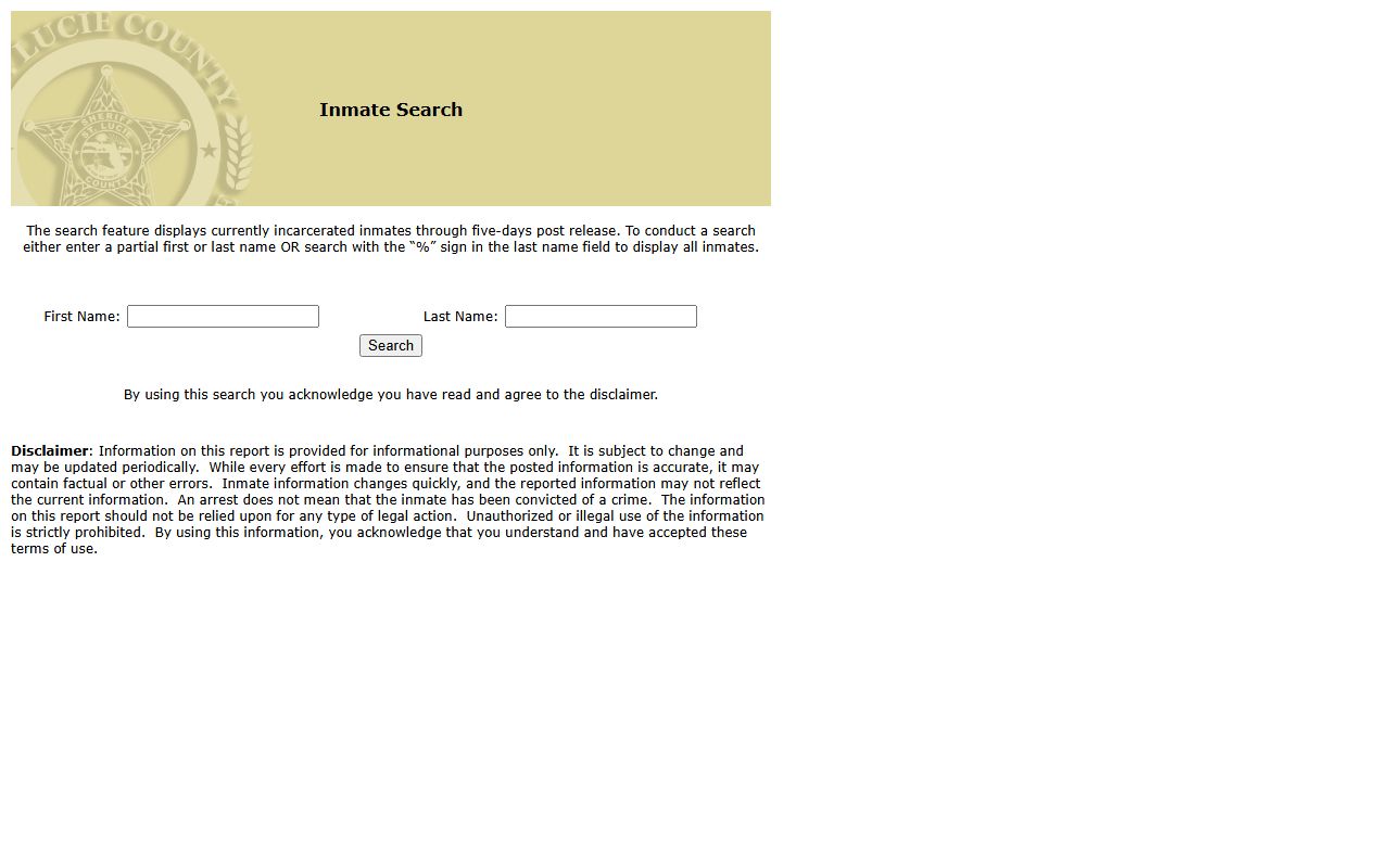 St. Lucie County jail inmate search form for the county inmate population roster