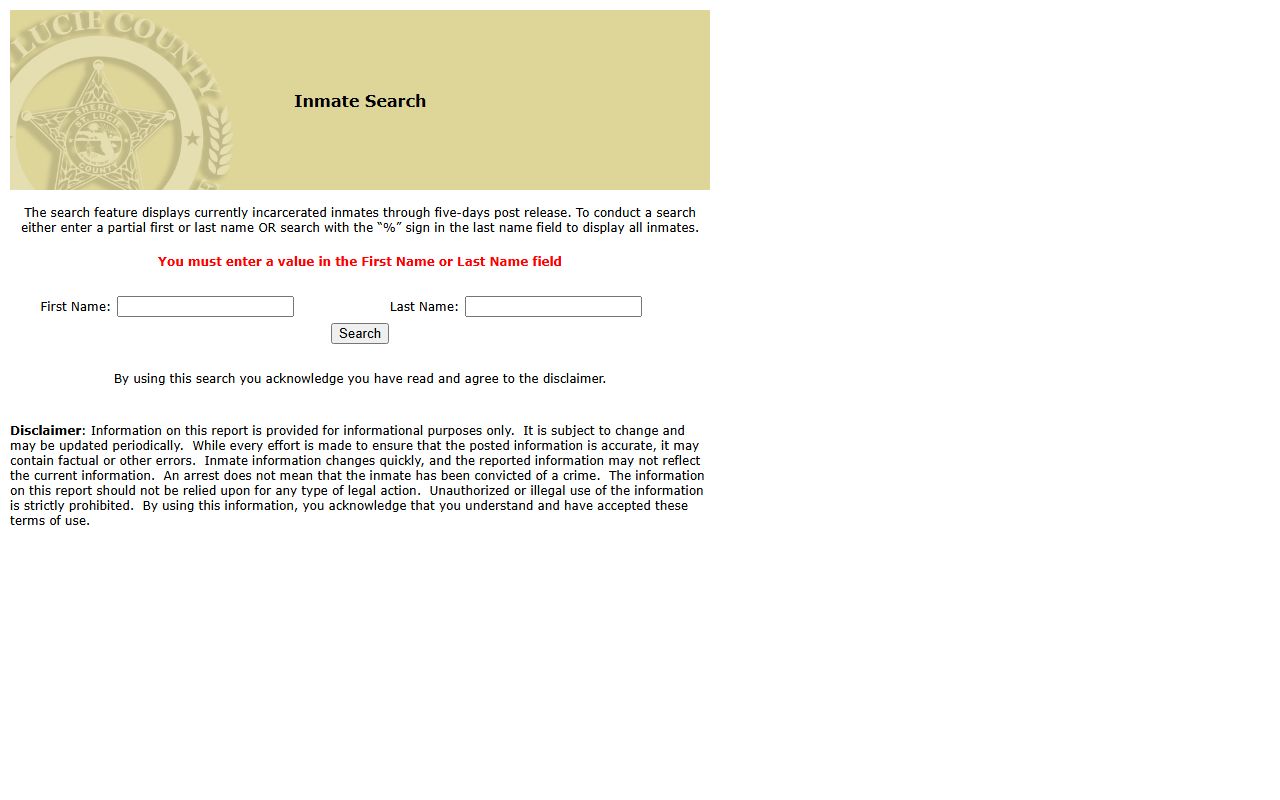 St. Lucie County jail inmate records search results table