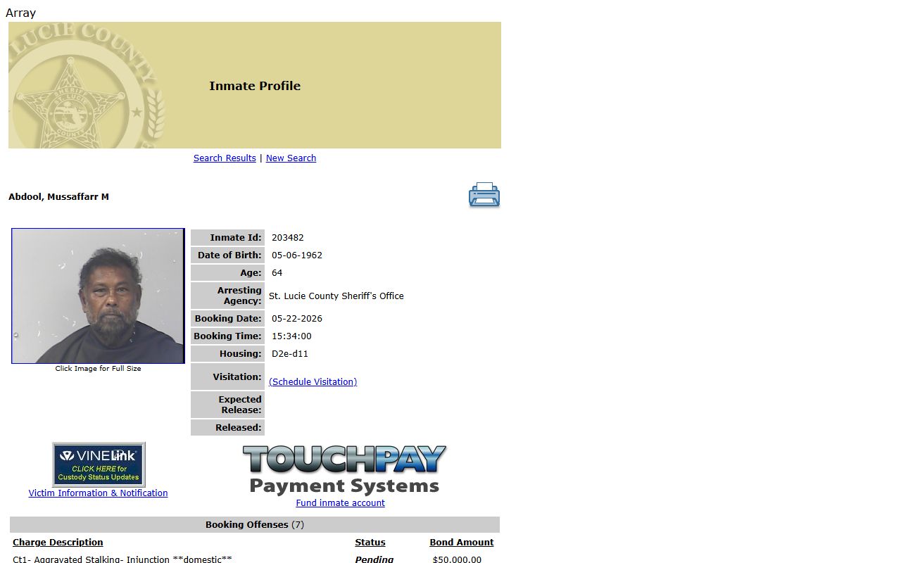 St. Lucie County inmate population sample profile with booking, charges, and bond fields